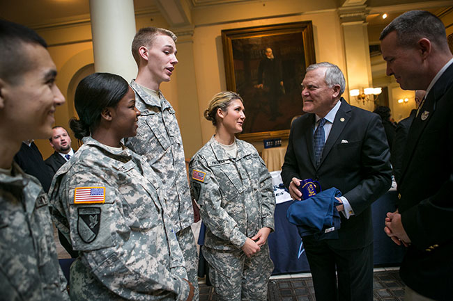EAGLE BATTALION Georgia Governor Nathan Deal speaks with ROTC students during Georgia Southern Day at the Capitol in February. A new $9.5 million military science building to be constructed at the University is an important piece of the new state budget.