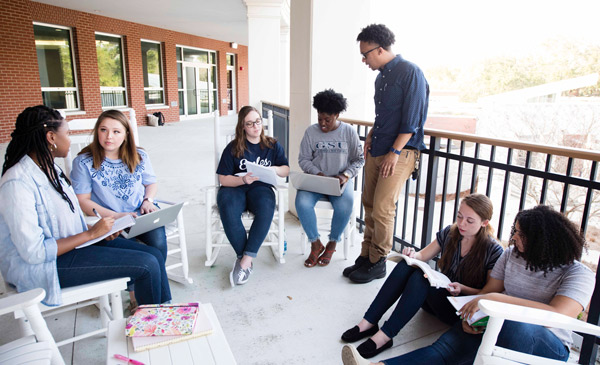 group of seven students sitting outside studying as a group
