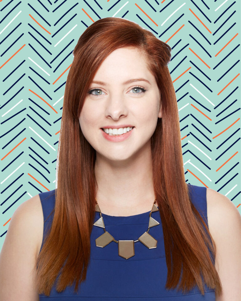 Becky Case in front of a graphic pattern